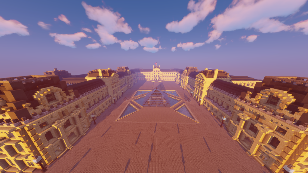 Visão de cima do Museu do Louvre dentro do minecraft ao dia.