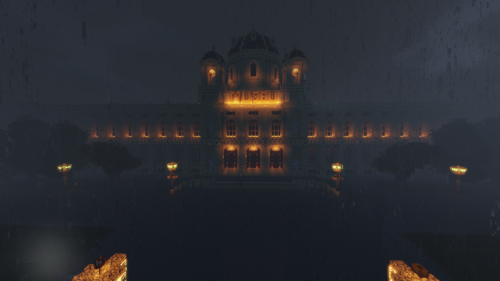 Imagem de frente ao museu da língua portuguesa à noite no minecraft.