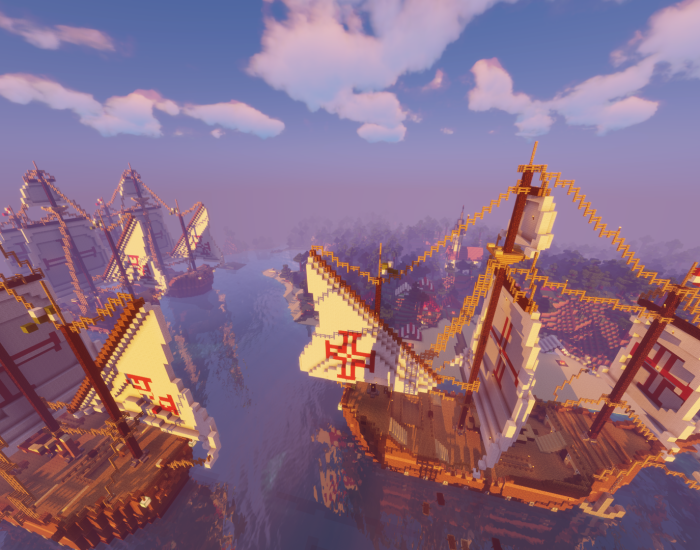 Imagem de caravelas portuguesas dentro do Minecraft